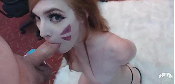  Redhead DVA gets tied up while sucking cock and eats a huge load